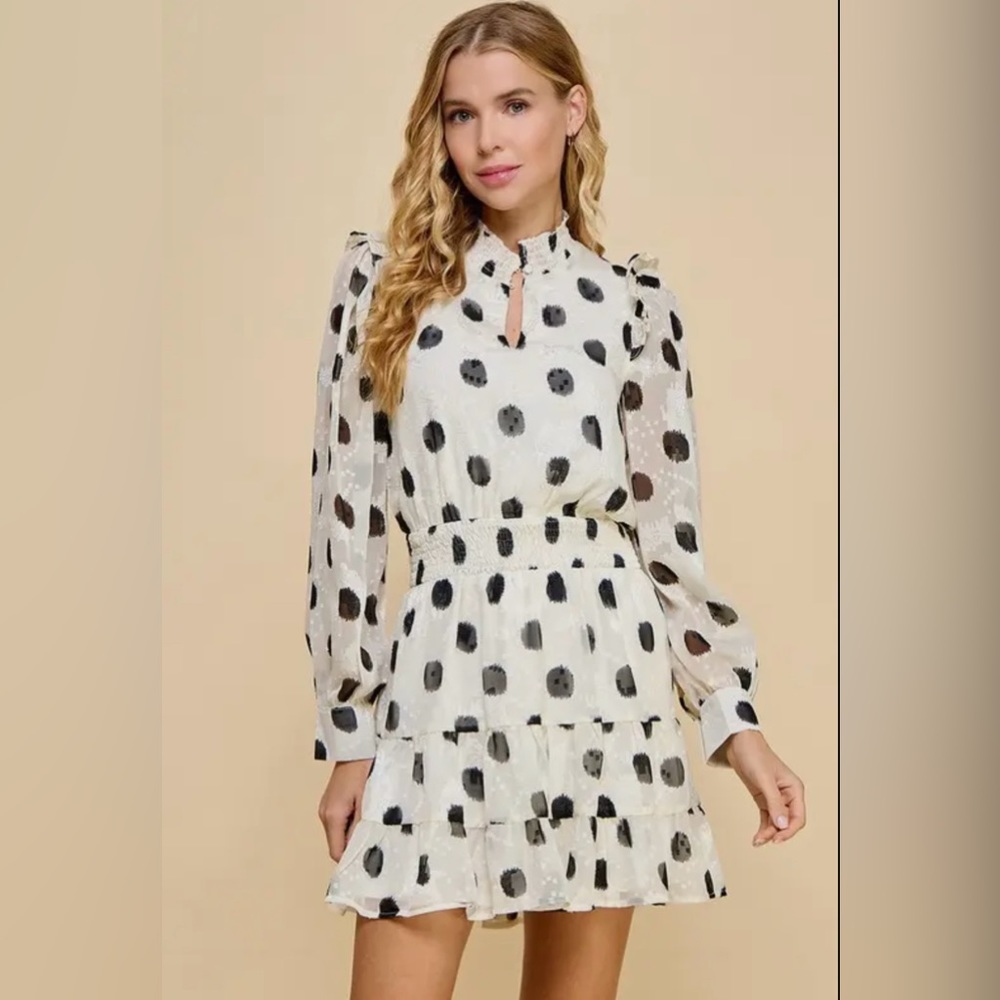 Women's Long Sleeved Polka Dot Mini Smocked Waist Dress - Picture 4 of 6